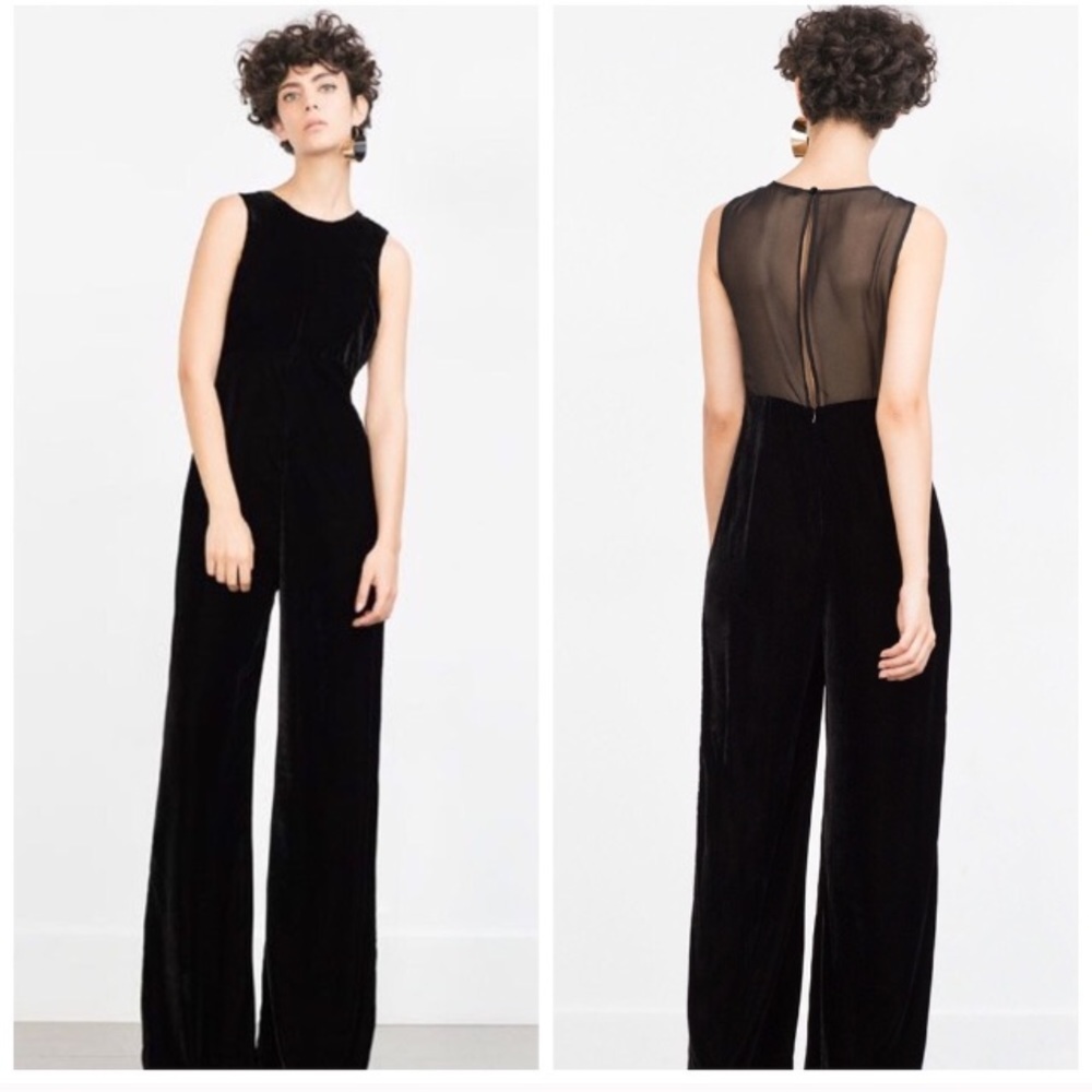New Zara Velvet Wide Leg Jumpsuit Romper Sheer